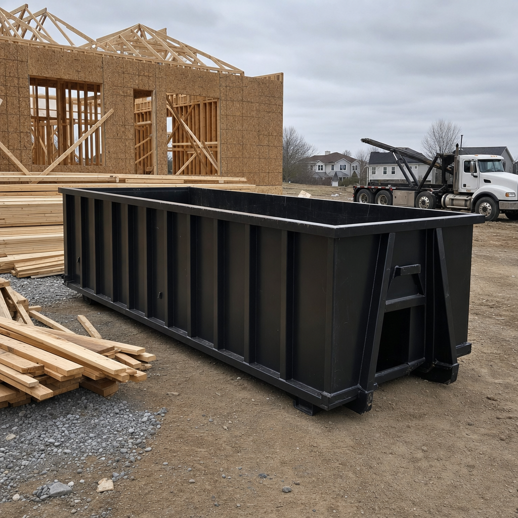 Matte-black 40-yard roll-off dumpster staged on a framed-out residential construction site in Saint Cloud, framing lumber stacked nearby, hooklift delivery truck visible in the background under bright Colorado daylight