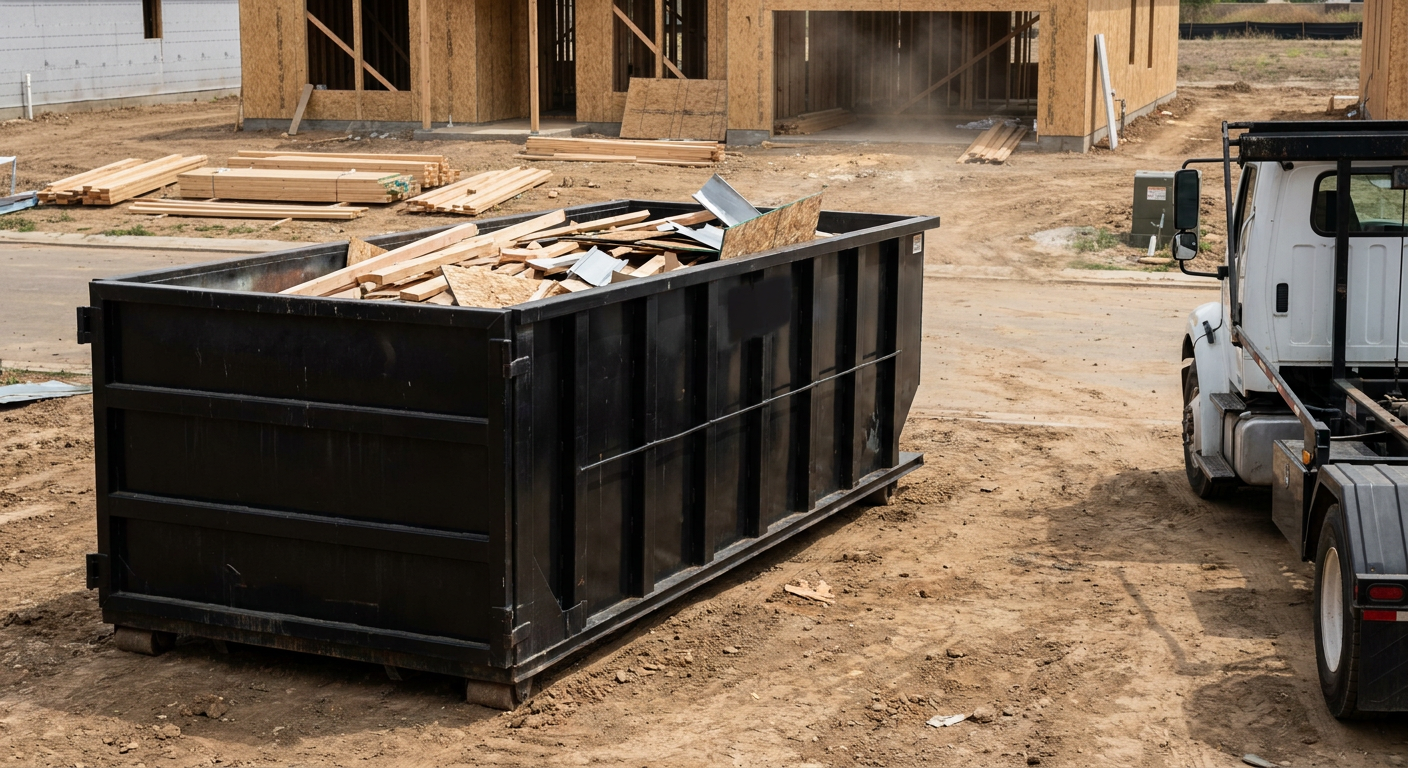 Matte-black 20-yard roll-off construction dumpster with heavy ribbed steel sidewalls and swing rear doors at a working jobsite in Saint Cloud, sitting directly on compacted dirt with an unmarked white hauler partially visible at the far edge of the frame.