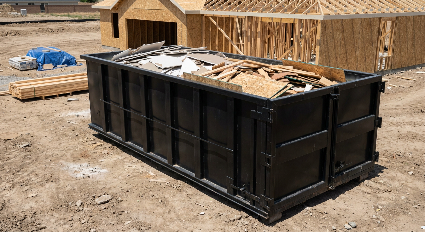 Matte-black 30-yard roll-off construction dumpster sitting directly on the compacted-dirt site of a framed single-family home build in Saint Cloud, drywall and lumber scrap loaded inside.