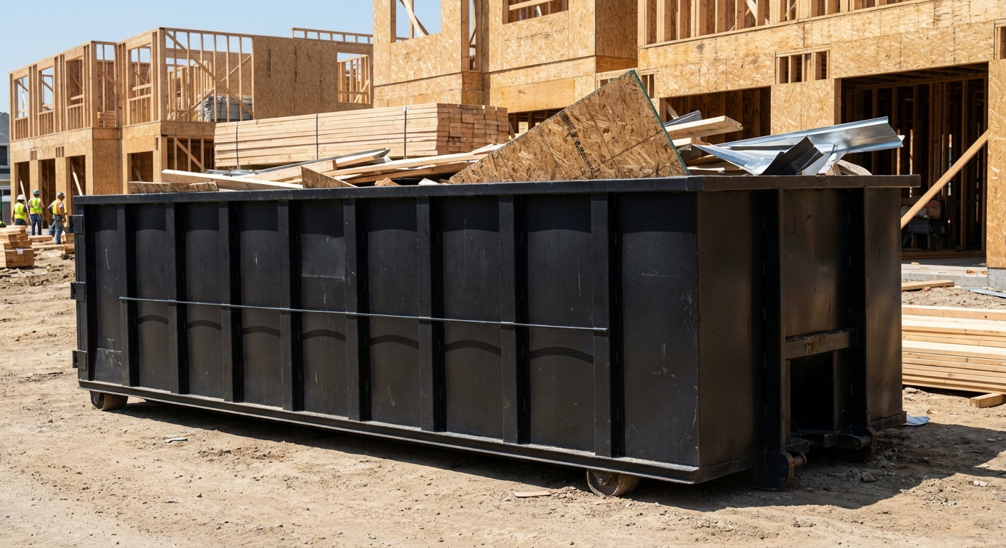 Matte-black 40-yard roll-off construction dumpster being lowered from a white-cab hooklift delivery truck onto the compacted-dirt jobsite at a commercial build site in Saint Cloud