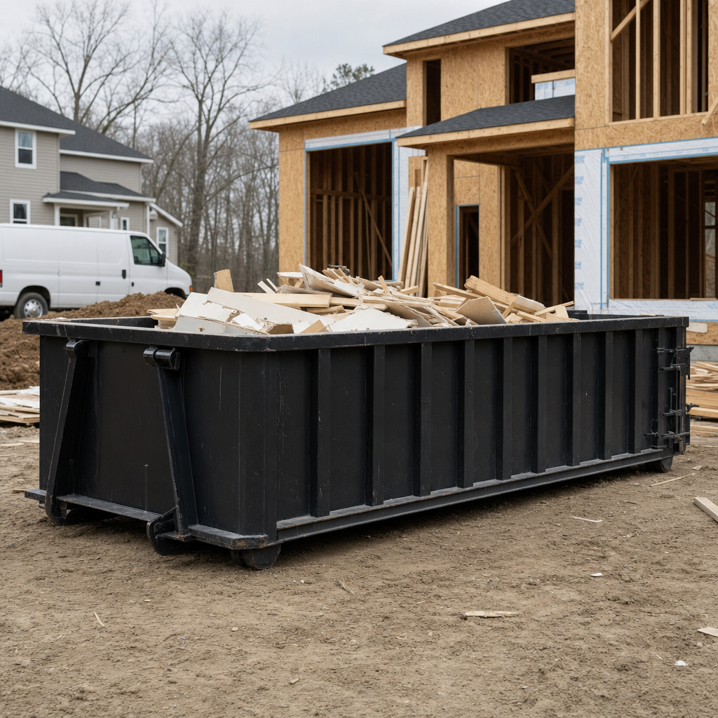 Worker in a yellow high-visibility vest tossing framing lumber and broken drywall into a matte-black 30-yard construction roll-off dumpster on an active build site in Saint Cloud, bright daylight