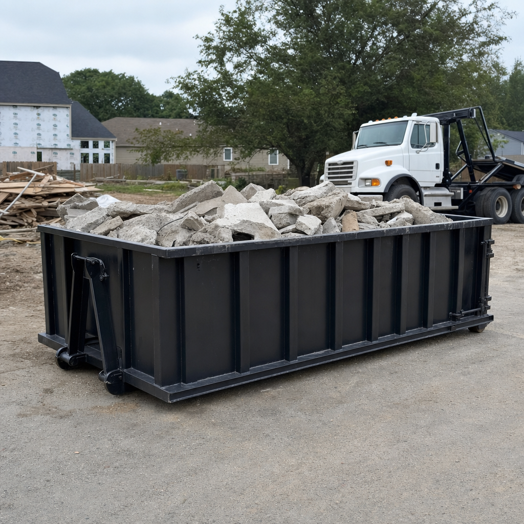 Low-profile matte-black lowboy roll-off dumpster loaded with broken concrete slab and rebar at a foundation tear-out in Saint Cloud, skid steer parked beside it, sunny Colorado morning
