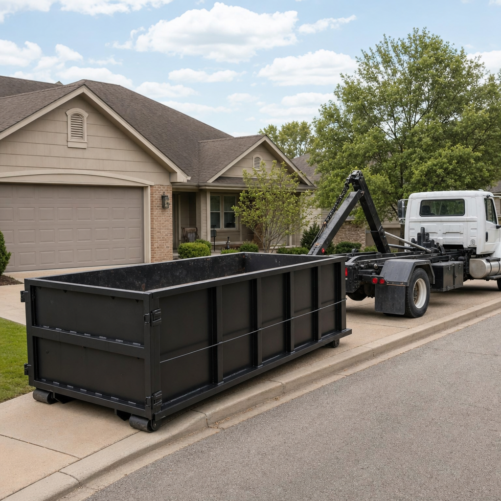 Wide documentary shot of a matte-black roll-off dumpster on a Saint Cloud residential driveway in the foreground and a contractor jobsite container in the soft-focus background, bright daylight, calm and orderly composition.