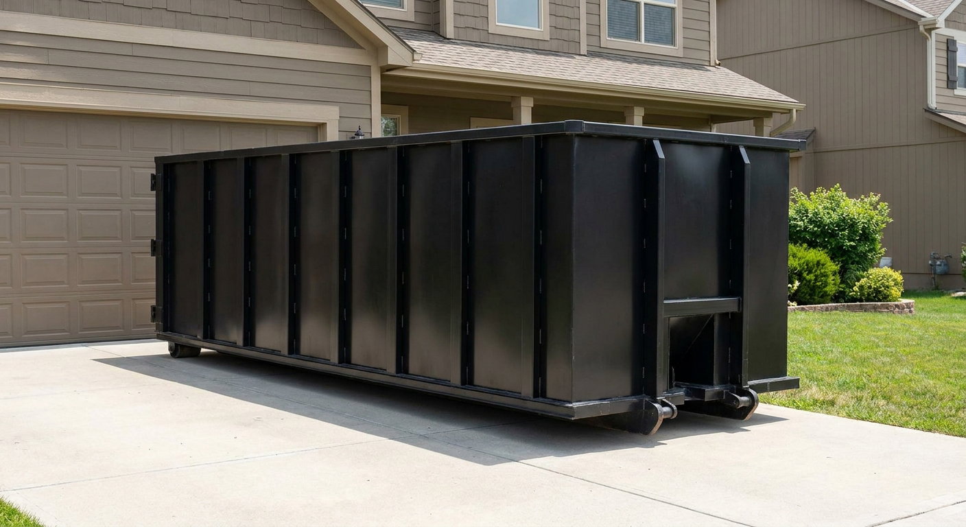 Matte-black residential roll-off dumpster sitting directly on a suburban Saint Cloud concrete driveway, garage door closed, single-family home in background, bright morning daylight.