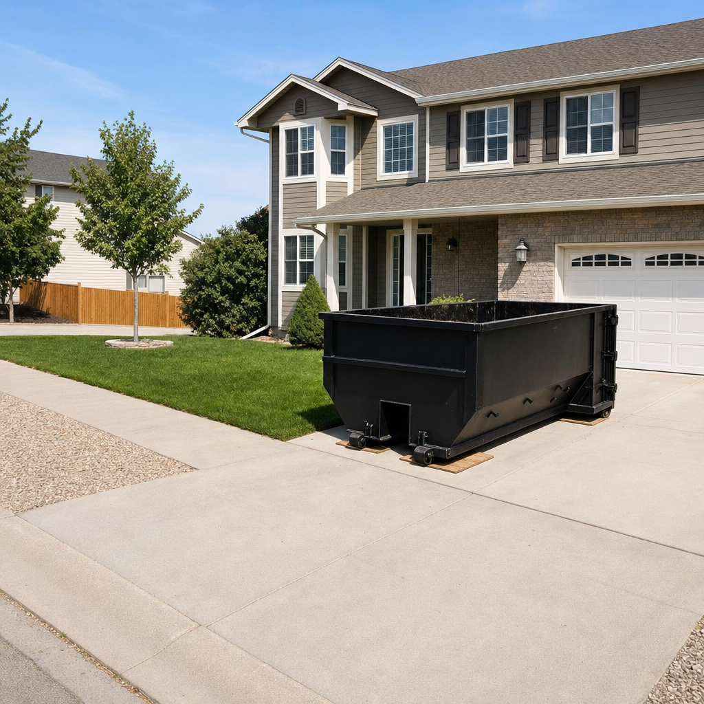 10-yard matte-black residential dumpster placed directly on a narrow Saint Cloud concrete driveway, room remains for a parked sedan beside it, mid-morning natural light