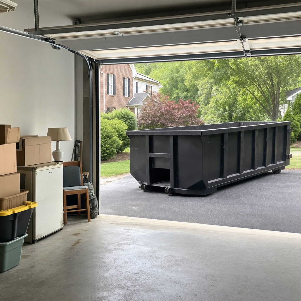 Open garage interior in a Saint Cloud home mid-cleanout — boxed items, an old appliance, and stacked yard tools queued near the driveway for a matte-black roll-off dumpster, organized and calm