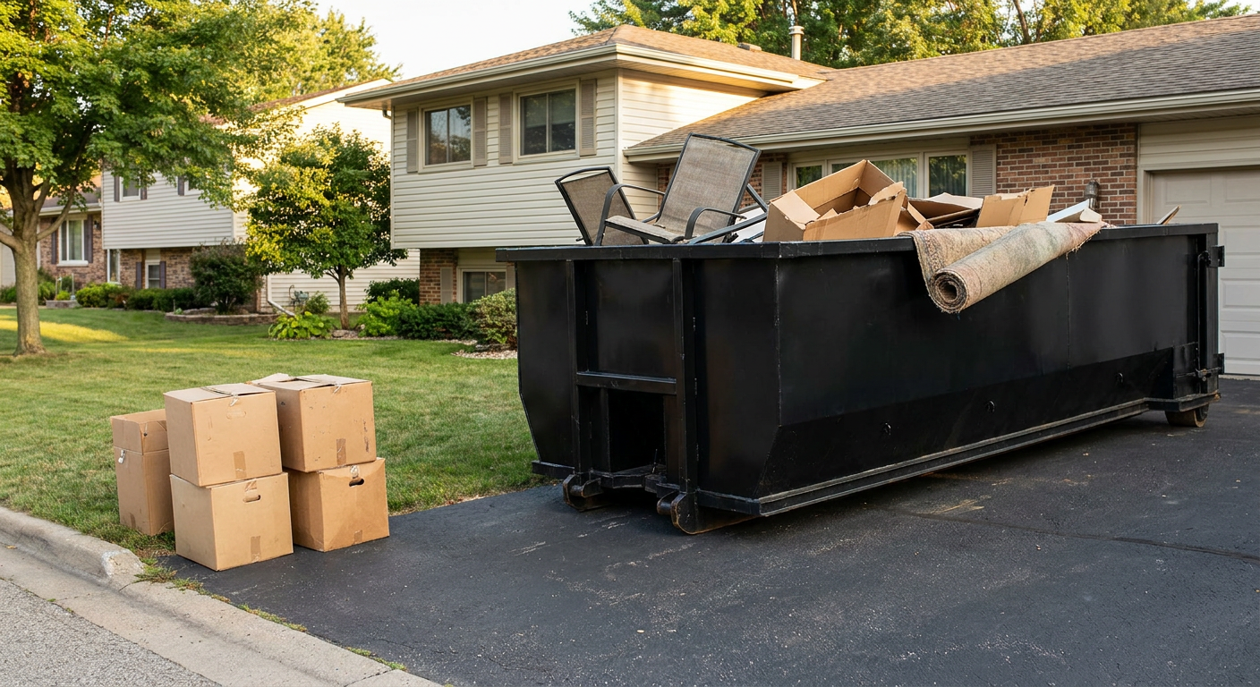 Front-yard view of a Saint Cloud split-level home with a 20-yard matte-black roll-off dumpster sitting directly on the asphalt driveway, a few clearly labeled donation boxes staged at the curb, calm sunny afternoon.