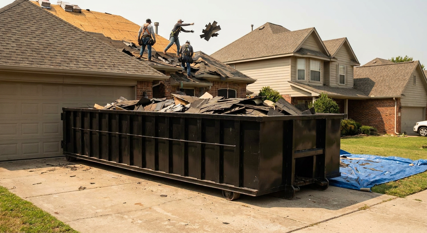 Matte-black roofing roll-off dumpster placed directly on a Saint Cloud residential concrete driveway, a tear-off crew on a two-story asphalt-shingle roof tossing shingle bundles into the low-walled container, bright daylight, documentary 35mm perspective.