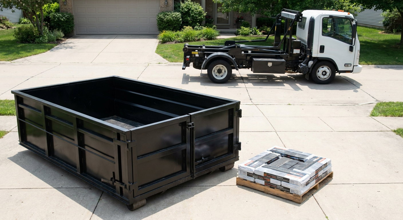 Matte-black 15-yard roofing roll-off dumpster with reinforced low side walls sitting directly on a Saint Cloud residential concrete driveway, three-tab asphalt shingle bundles stacked nearby, an unmarked white hauler truck partially visible at the edge of the frame.