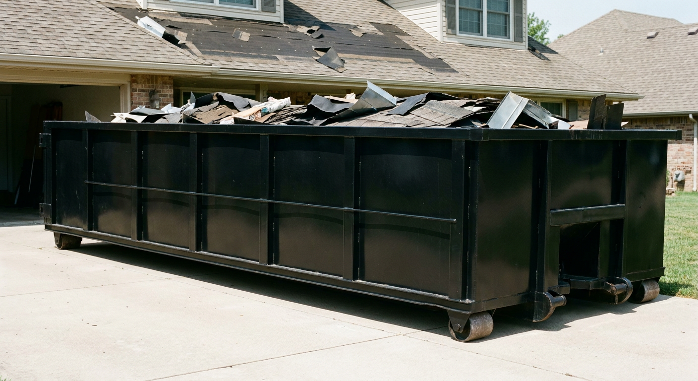 Matte-black 20-yard roofing roll-off dumpster with steel ribbed sides and swinging rear door, sitting directly on the concrete driveway of a two-story Saint Cloud home, asphalt shingle debris being loaded over the low wall, clean documentary lighting.