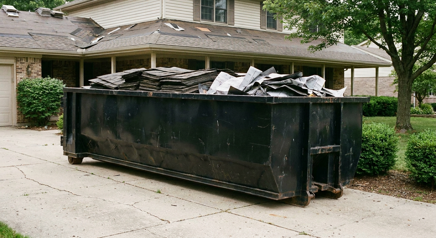 Matte-black 30-yard roofing roll-off dumpster sitting directly on a Saint Cloud concrete driveway, taller ribbed steel side panels, mixed tear-off debris of asphalt shingles and underlayment inside, professional documentary daylight.