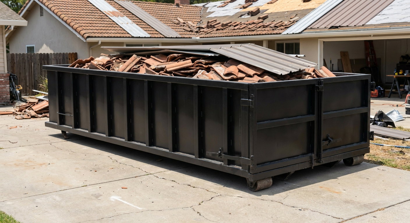 Matte-black low-wall heavy-debris roofing roll-off dumpster sitting directly on a Saint Cloud concrete driveway, broken concrete clay roof tiles and metal panel sections loaded inside, reinforced ribbed steel side walls visible, bright outdoor daylight.