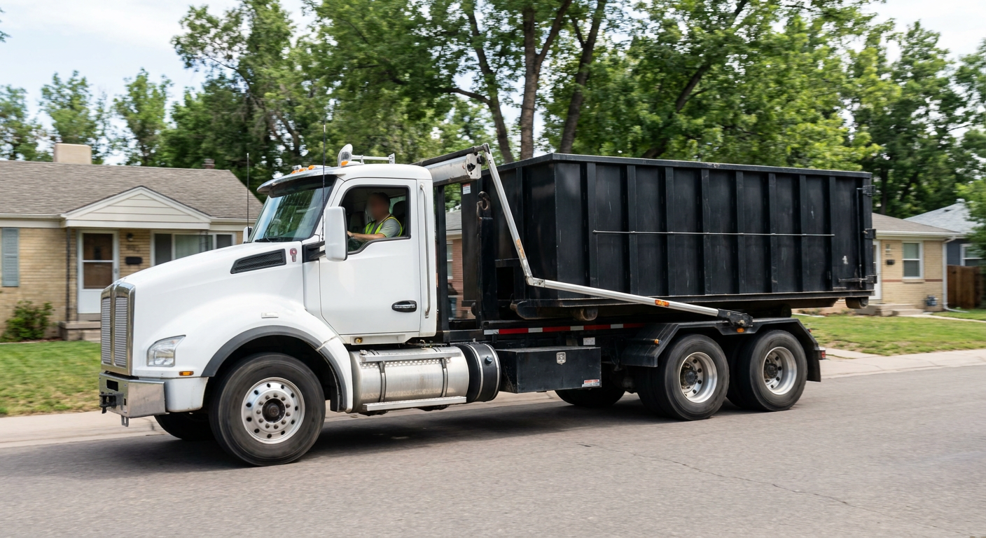 A wide documentary shot of a matte-black roll-off delivery truck pulling onto a quiet Saint Cloud residential street at mid-morning, with neighborhood rooftops and tree-lined blocks visible behind, showing the metro coverage footprint.