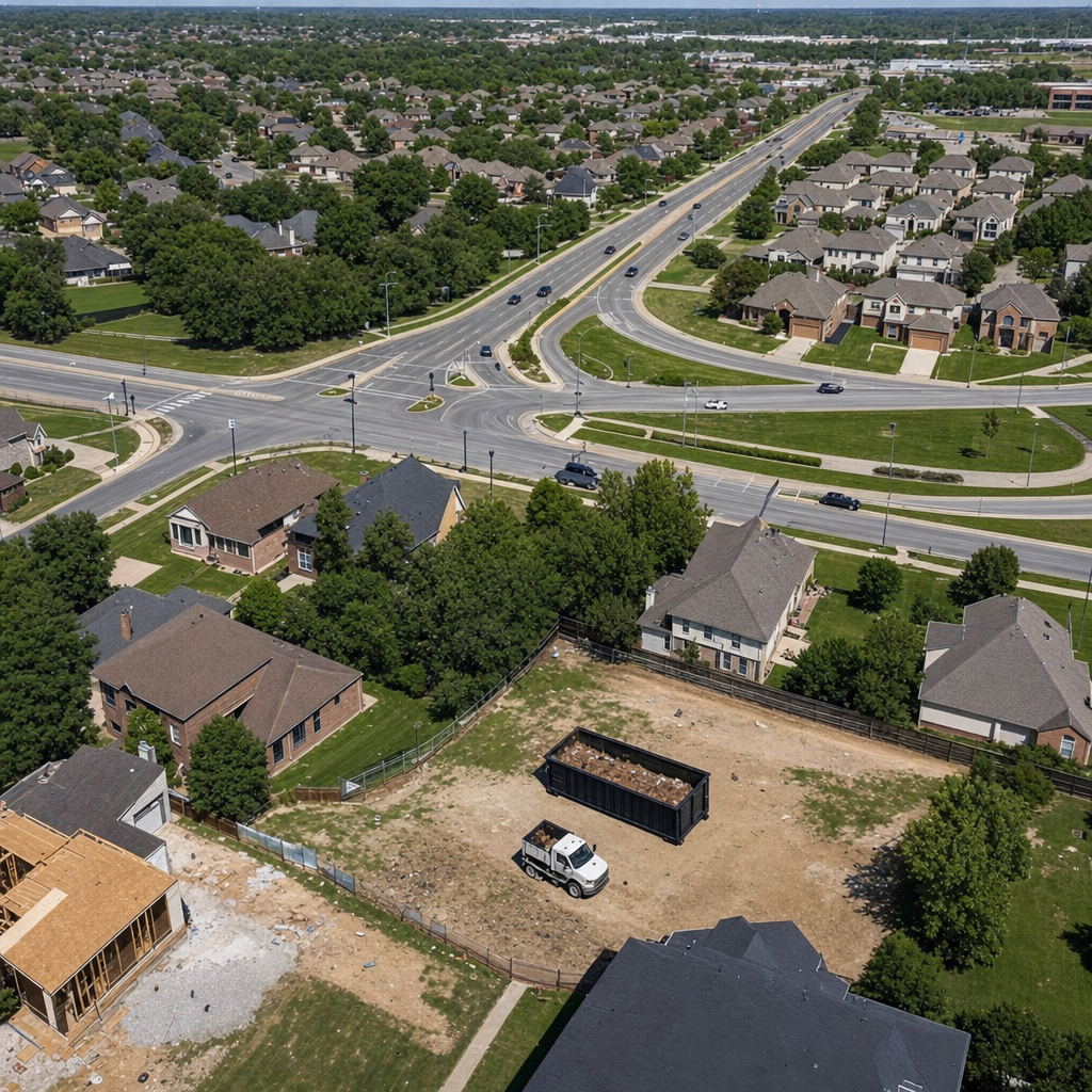 An overhead documentary view of the Saint Cloud metro area at midday, showing the spread of neighborhoods, arterial roads, and the dispatch radius from a central yard — clean daylight, organized geographic layout.