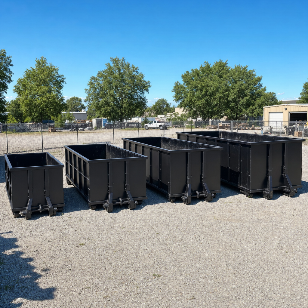 A clean lineup of matte-black roll-off dumpsters in 10, 20, 30, and 40-yard sizes staged on a sunlit gravel yard in Saint Cloud, showing the size progression from compact to commercial-scale containers.