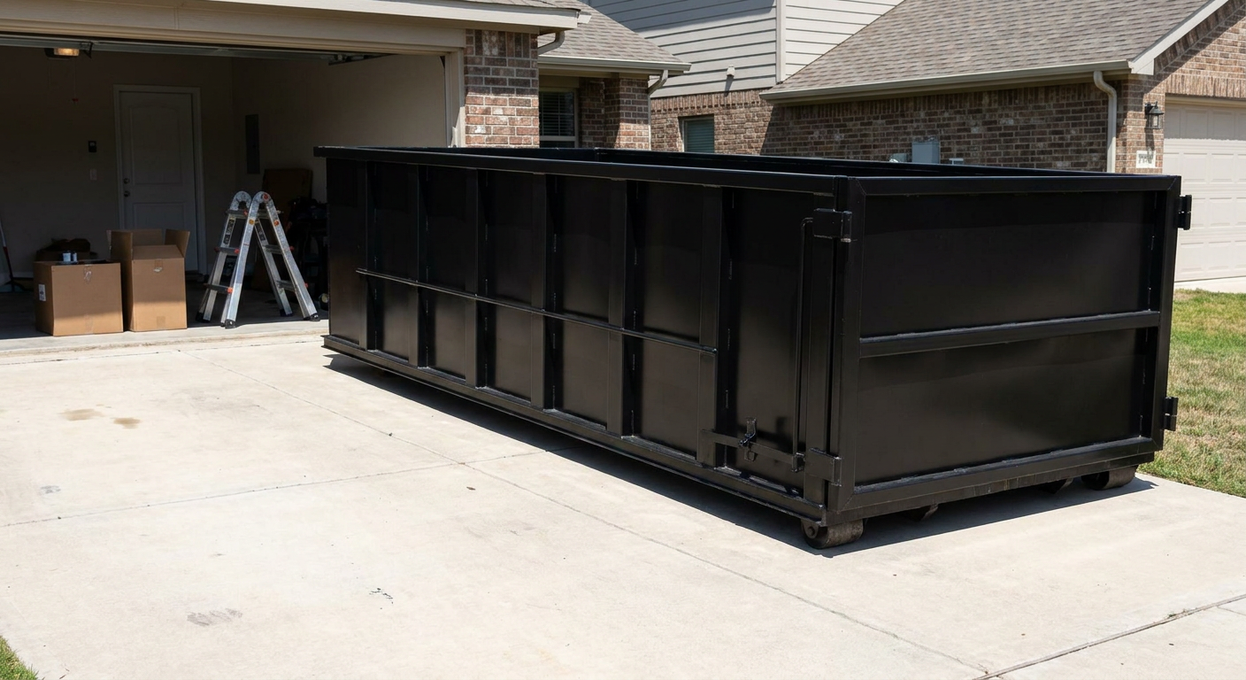 A matte-black 10-yard roll-off dumpster sitting directly on a residential Saint Cloud concrete driveway, mid-day sunlight, clean and ready for a garage cleanout.