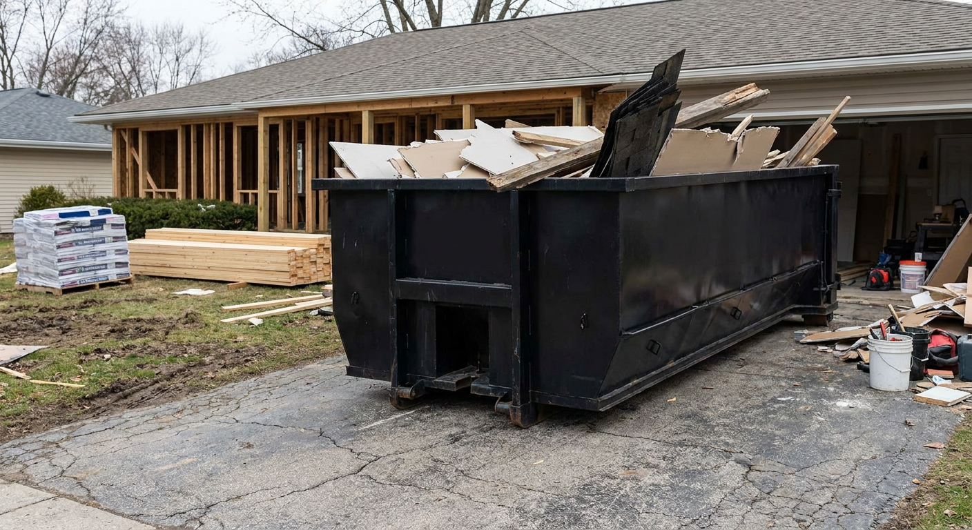 A matte-black 20-yard roll-off dumpster placed alongside a mid-renovation Saint Cloud home directly on the asphalt driveway, with framing materials and torn-off shingles staged neatly nearby.