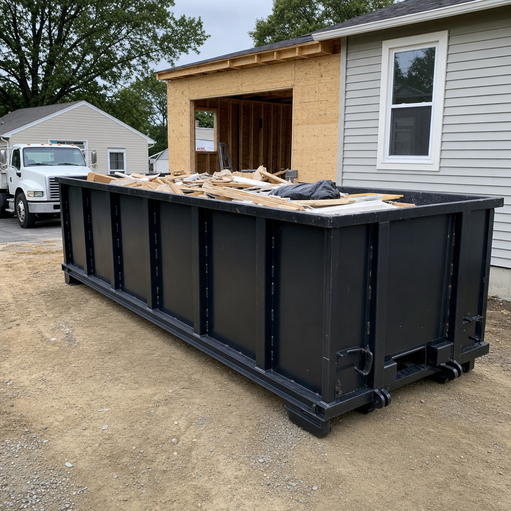 A matte-black 30-yard roll-off dumpster positioned at a Saint Cloud residential addition jobsite, with framing lumber and drywall scraps loaded through the open swinging rear doors.