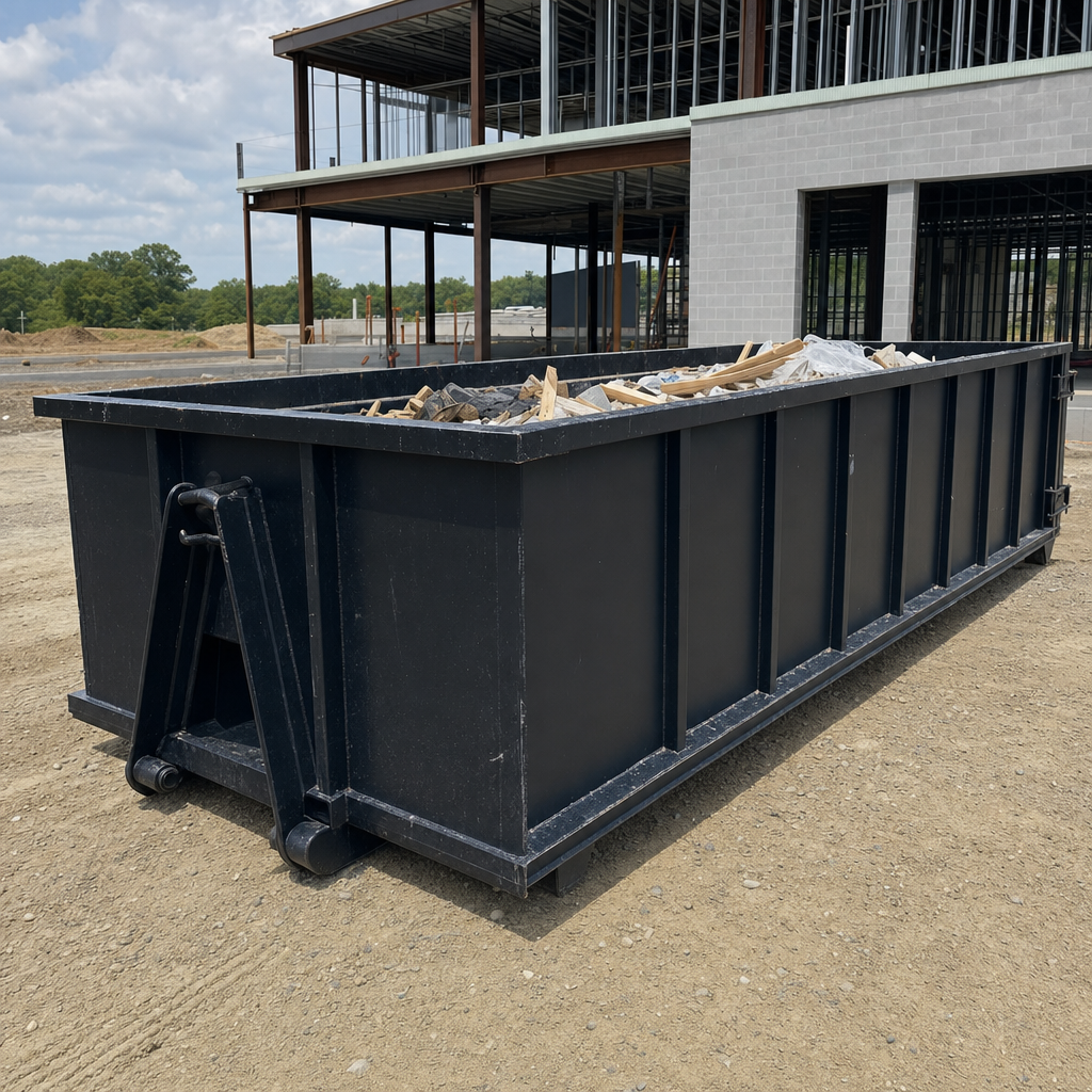 A matte-black 40-yard roll-off dumpster staged on a large Saint Cloud commercial construction lot, with a hooklift delivery truck parked alongside under bright midday sky.