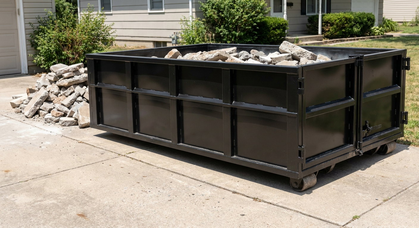A matte-black low-side heavy-debris roll-off dumpster placed directly on a Saint Cloud concrete driveway, with broken concrete chunks neatly stacked beside it under clean daylight.